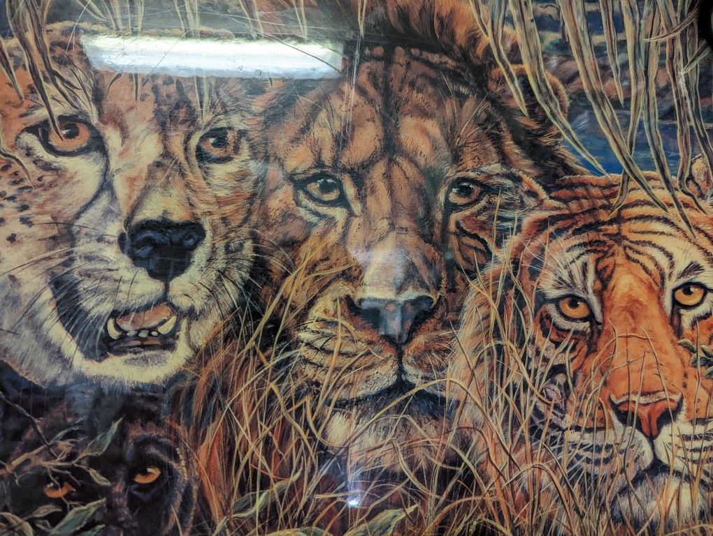 African Tiger, Lion, Panther Big Cats Wildlife Barnwood Wall Art Wooden Scene