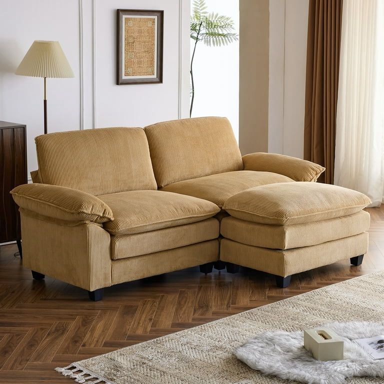 NEW IN BOX- Ktaxon 86" W Sectional Convertible Sofa L Shaped Modular Couch with Chaise Corduroy Sleeper Set with 2 Oversized Seats Khaki