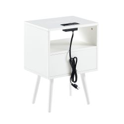 15.75" Rattan End table with Power Outlet & USB Ports , Modern nightstand with drawer and solid wood legs, side table for living room, bedroom, white 