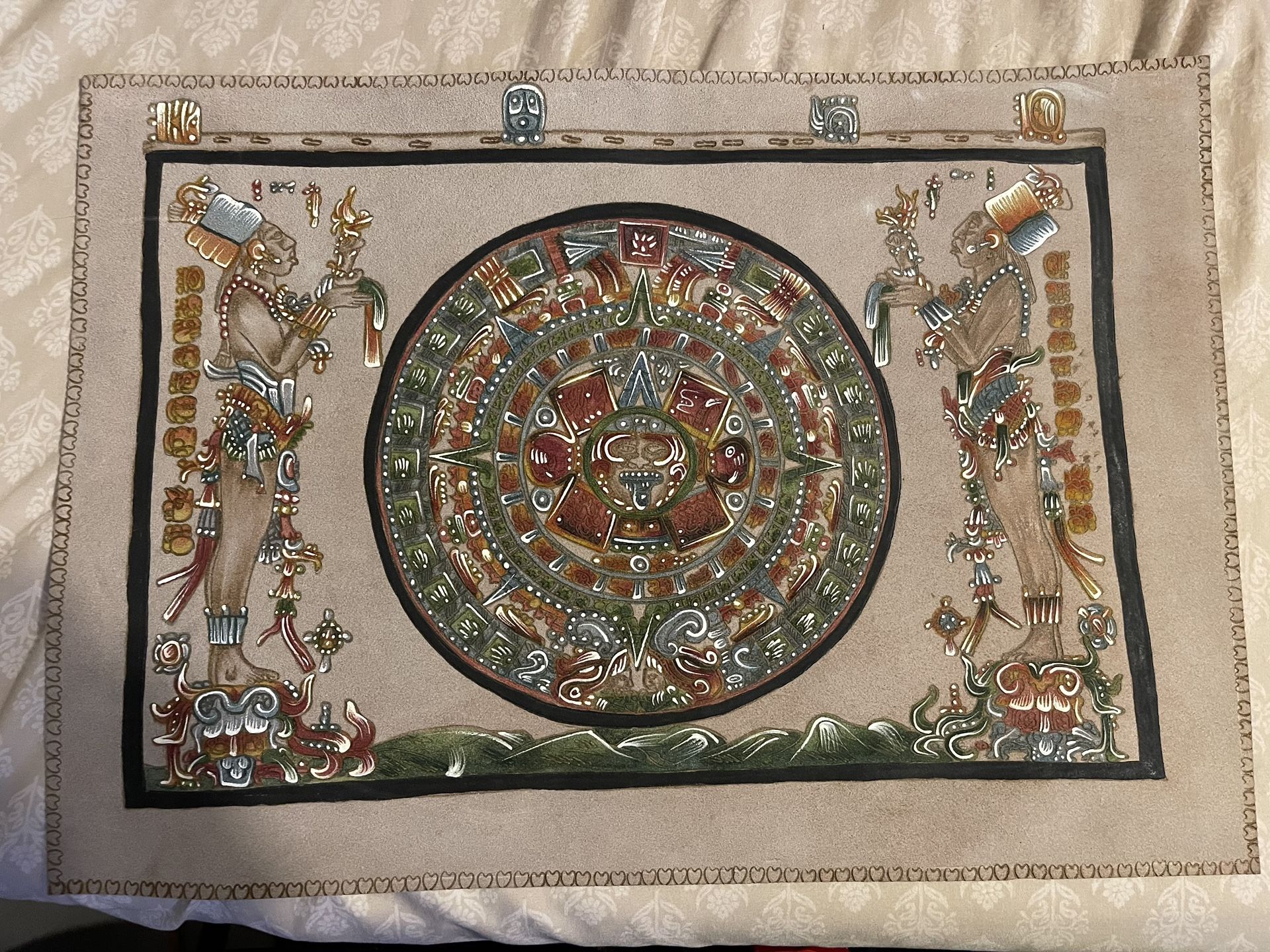 Aztec/Mayan Calendar Painting With 2 Mayan Warriors