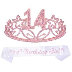 NWT 14th Birthday Party Princess Tiara and Sash in Gold and Pink Rhinestones