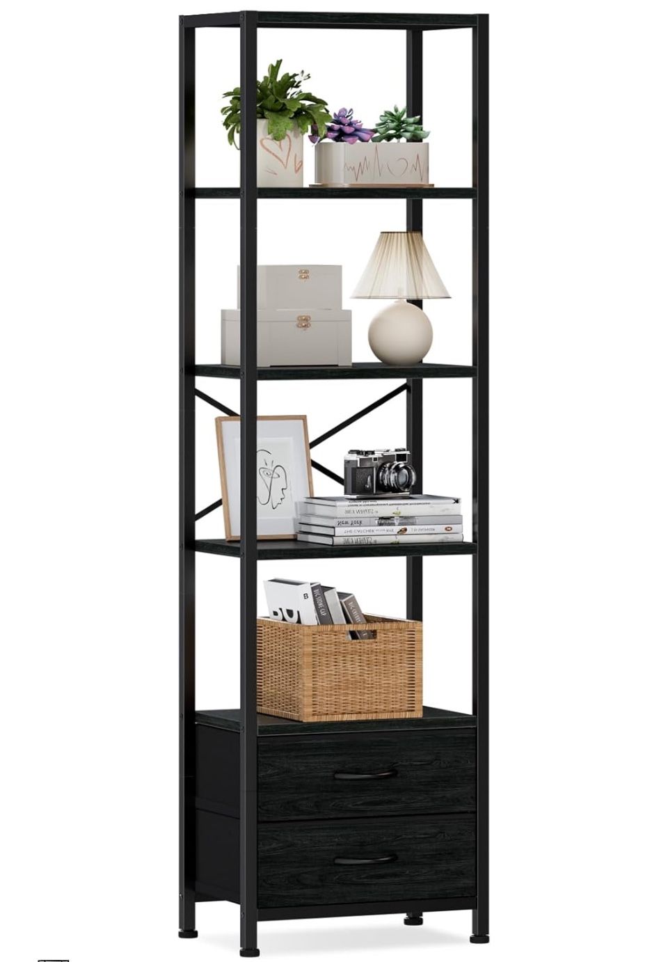 Furnulem 5-Tier Corner Shelf, Narrow Bookshelf with 2 Storage Drawers, 65.16" Tall Bookcase, Standing Shelf Organizer Unit for Living Room, Bedroom, M