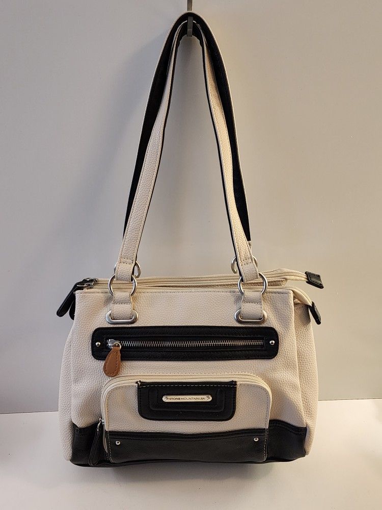 Stone Mountain Black & Ivory Pebbled Faux Leather Organizer Handbag Satchel New