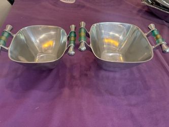 2 Silver bowls with green handles