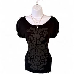 Daytrip Black Grey Leopard Print Scoop Neck Short Sleeve Top Women's S