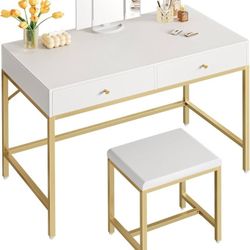 SUPERJARE Vanity Desk, Makeup Vanity with Lighted Mirror, White Desk with Drawers, 35.4 Inches Makeup Vanity Desk with Lights, for Bedroom, White and 