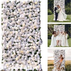 Artificial Flower Wall Panels, 3D Silk Rose White Floral Backdrop for Wedding, Baby Show, Party and Home Decor, Quick Assembly/Storage, Bo