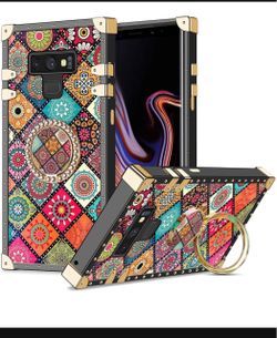 case for Galaxy Note 9 Square Case with Kickstand Ring Stand Luxury Retro Case for Women Girls Metal Edges Shockproof Protective Cover for Samsung Gal