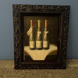 Vintage Hand Painted Still Life Wine Bottles On Canvas 
