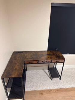 Industrial L-Shaped Desk with Drawers and Shelves