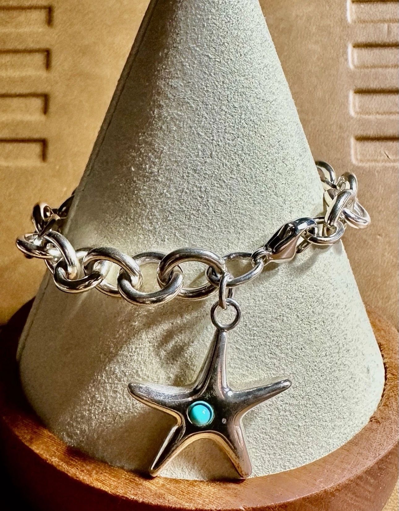 FREE SHIPPING! Tiffany & Co 925 Silver Bracelet w/Starfish Charm w/Turquoise 7” Lot#746