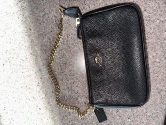 Coach Black Leather Wristlet with Gold Chain