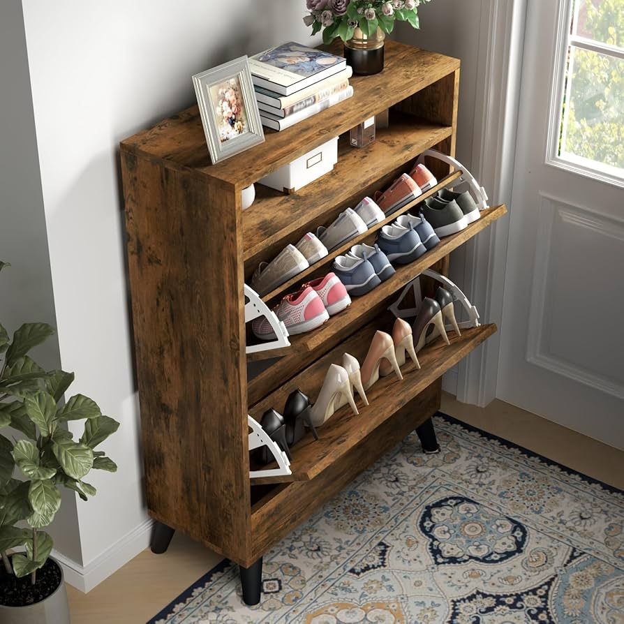 Entryway Shoe Storage Cabinet with 2 Flip Drawers, FreestandingShoe Organizer for Entryway, Narrow Shoe Rack Cabinet Color Rustic Material