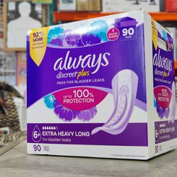 Always Discreet plus Incontinence Pads for Women, Extra Heavy Long, 90 ct.