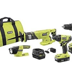 RYOBI POWER TOOL COMBO  18-Volt ONE+ Lithium-Ion Cordless 4-Tool Combo Kit with (2) Batteries, 18-Volt Charger, and Bag