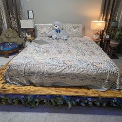 Handmade Rustic Wooden Platform Bed – Unique Custom Frame with Burned-Wood Finish