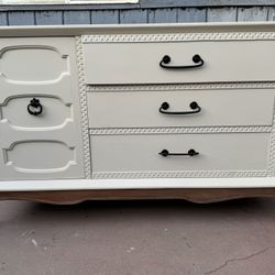White Solid Wood Long Dresser With Three Big Drawers And Shelf In Good Condition All Drawers Open Just Fine 