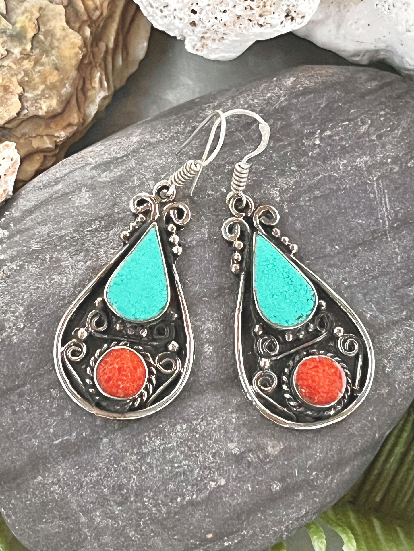 Turquoise & Coral Silver 2.2” Earrings-Southwest Antique Design
