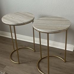 2 Faux White Marble and Gold Metal Framed round bedside tables