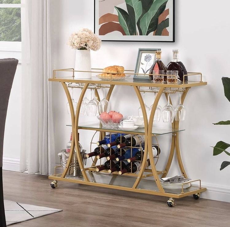 Bar Serving Cart with Glass Holder and Wine Rack, 3-Tier Kitchen Trolley with Tempered Glass Shelves and Chrome-Finished Metal Frame, Mobile
