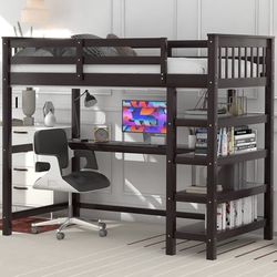 Merax Full Size Loft Bed With Storage Shelves And Under-Bed Desk Solid Wood Espresso