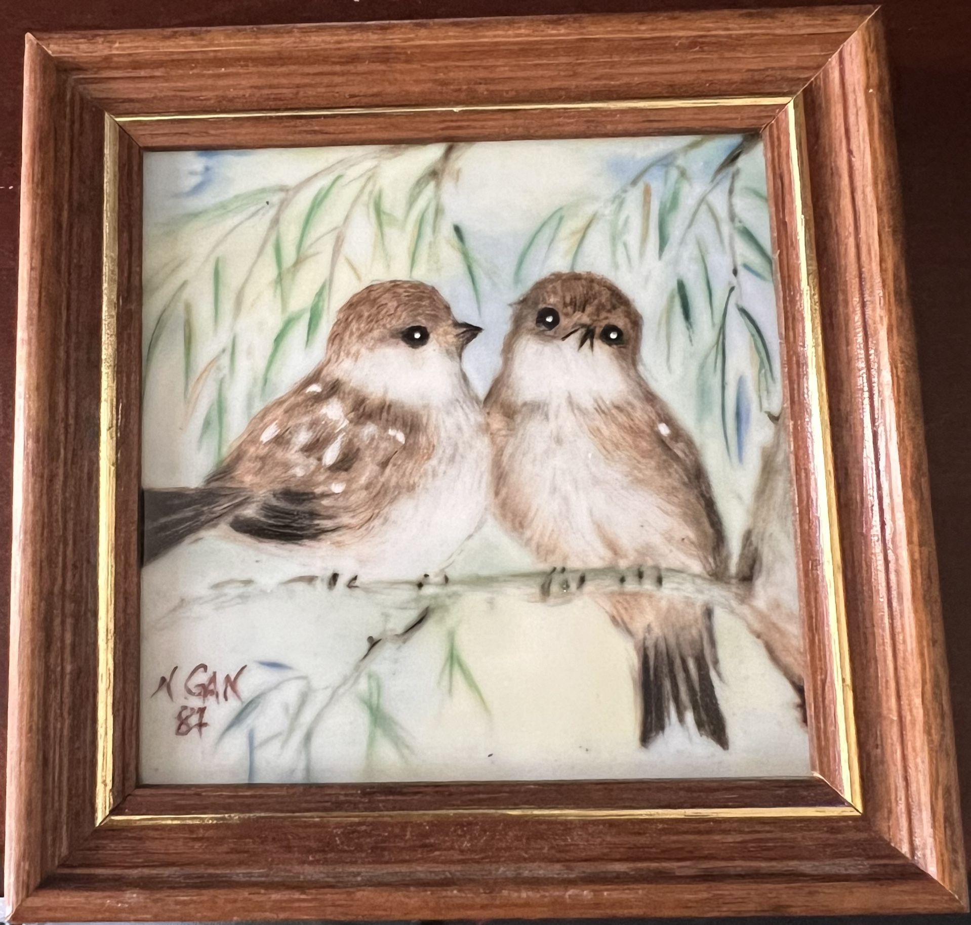 Vintage Porcelain Tile Sparrow Birds By Nancy Gan