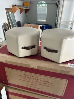 Set of 2 Hexagonal Leather Ottomans with Handles