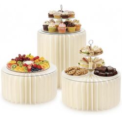 New-Buffet Risers for Party, Shape&Use 3PCS Round Cream White Cake Stands, Foldable Pedestal Dessert Table Risers for Wedding, Birthday, Anniversary D