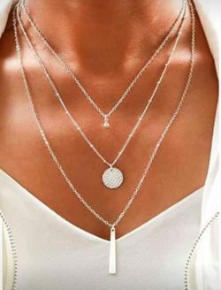 Multi-Layered Necklace Silver Color Round Disc Chain Made of Alloy Girls Women Gift