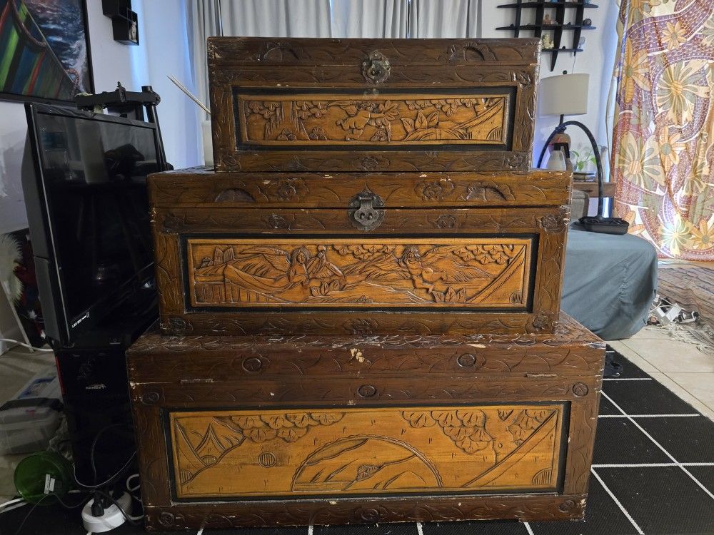 antique Chinese carved camphor wood Chests