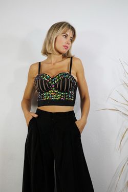 Rhinestone Bead Glitter Bustier Corset Bra Club Party Crop Top