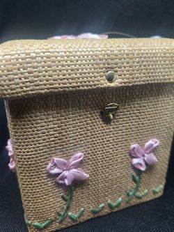 Vintage Woven Straw Keepsake Box with Padlock & Ribbon Flowers