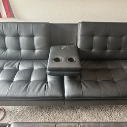 Black Leather Futon And Matching Ottoman 