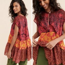 Free People “Gotta Have You” tiered tunic top, red/gold Medium