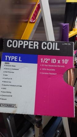 Copper Coil Pipe Type L 1/2" ID x 10'