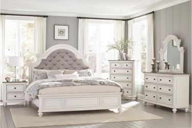 Antique White & Grey Finish Hardwood Solids Bedroom Set