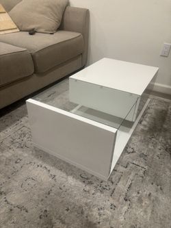 Modern Coffee Table with Tempered Glass, Wooden High-gloss UV Surface, 2-Tier Rectangle Center Table, White