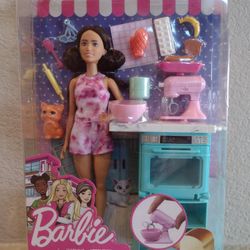 NEW Barbie Doll And Kitchen Playset Doll with Oven, Spinning Mixer, Pet Kitten and Baking Gadgets