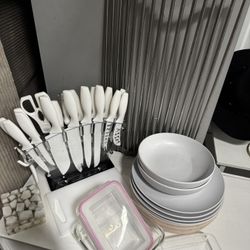 Kitchen Essentials Bundle - Knife Set, Plates, Bowls, and Accessories