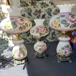 Vintage Hurricane Lamps Hand Painted Pink Floral Glass And Brass