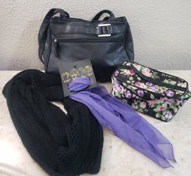 Classic Black Faux Leather Purse, Floral Small Makeup Bag, Black Knit Infinite Scarf & Purple Lightweight Scarf! Great Women's Basic Accessories Set!