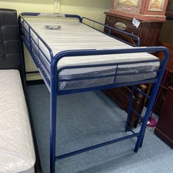Blue High Twin Size Metal Bed, With 8” Banboo Memory Foam Mattress, Great Condition