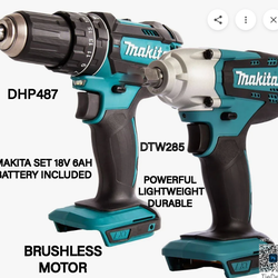 ON SALE. MAKITA SET OF POWER TOOLS (3 PCS) COMPACT LIGHTWEIGHT AND DURABLE. DHP487 DRILL DRIVER, DTW285 IMPACT DRIVER  AND 18V 6AH BATTERY. BRUSHLESS