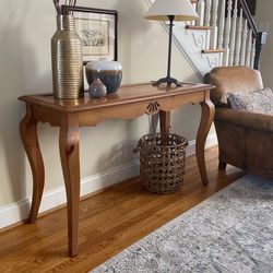 Table, Console, Desk, Solid Pine Wood, Scalloped Design, Curved Legs, Stepped Profile On Table Top, 47” W x 18” D x 29” H