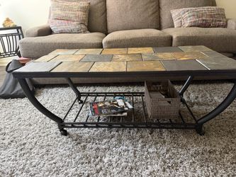Rustic 48" Slate Tile Top Coffee Table with Metal Storage Shelf