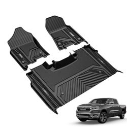 3W Floor Mats Fit for 2019-2024 Dodge Ram 1500 Crew Cab New Body (NOT Classic Models) with Original Storage All Weather TPE Accessories Custom Fit Dod