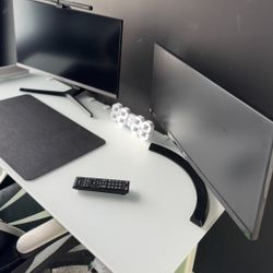 Glass Gaming Desk with Drawers White Gaming Electric Standing Desk Adjustable Height (55 inches)