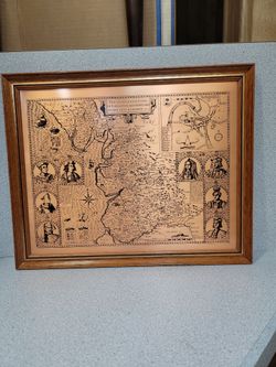 Vintage copper-etched plaque reproduction of the famous 1610 map of Lancashire, England, titled "The Countie Pallatine of Lancaster Described and Divi