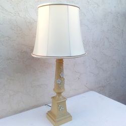Beautiful Tall (34") Vintage Table Lamp with Beige Ceramic Base & Body (21") Featuring Floral Decorations and Cream Linen Shade (12” Top, 16” Bottom)