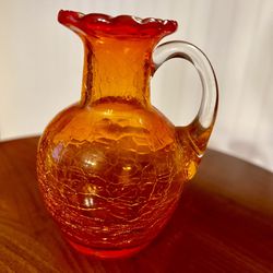 Vintage Hand Blown Orange Crackle Glass Pitcher w/Clear Glass Handle Ruffle Top